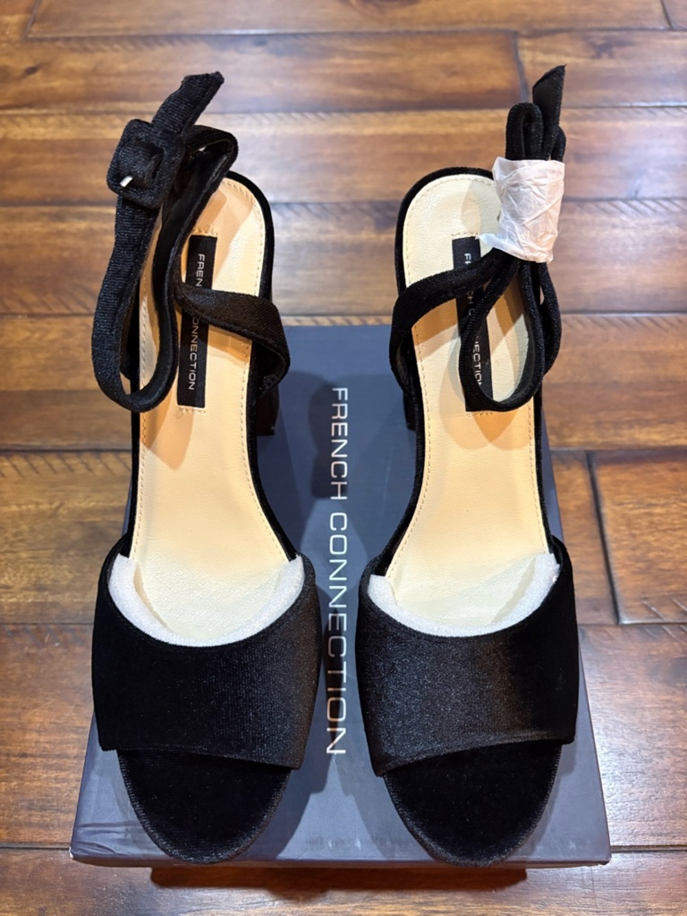 French Connection Black Velvet Open-Toe Ankle-Strap Heels